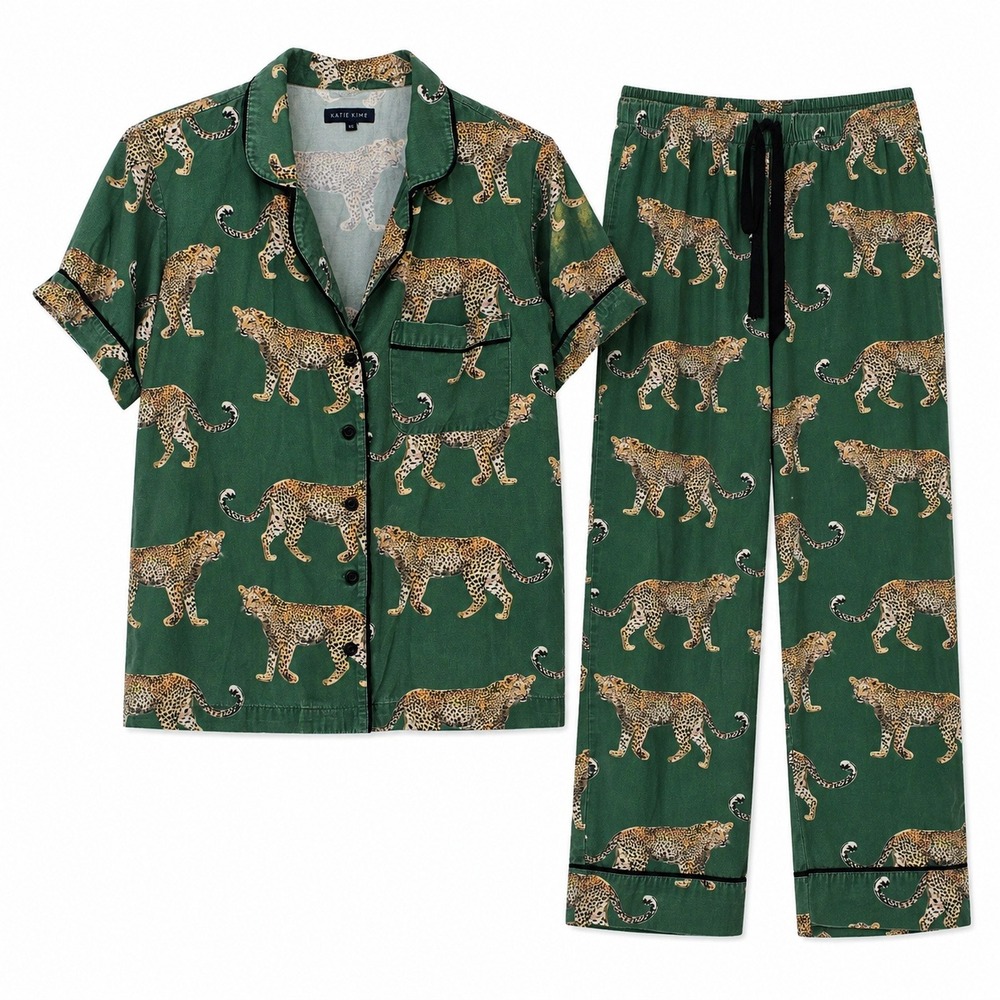 Katie Kime Leopard Print Pajama Set XS Green Cotton Modal 2 Piece Loungewear